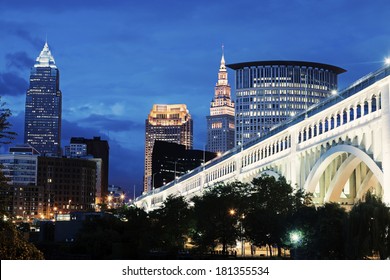 Cleveland Skyline With Bridge Over Cuyahoga River.