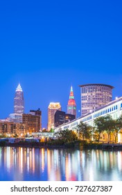 Cleveland Skyline With Reflection At Night,cleveland,ohio,usa.