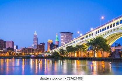 Cleveland Skyline With Reflection At Night,cleveland,ohio,usa.