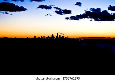 Cleveland Skyline Silhouette At Sunser