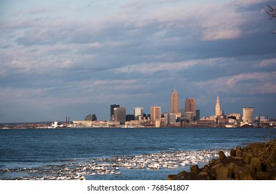 Cleveland Skyline In Winter With Icebergs In Lake Erie