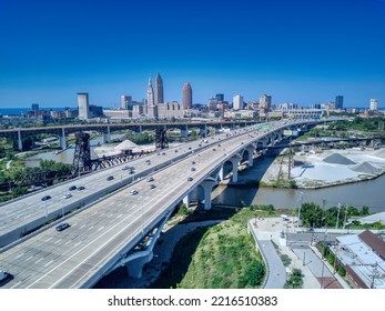 CLEVELAND, UNITED STATES - Aug 20, 2022: A Drone Shot Of Downtown Cleveland Skyline With Traffic And Skyscrapers