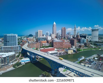 CLEVELAND, UNITED STATES - Feb 08, 2022: A Drone Shot Of The Downtown Skyline With Skyscrapers