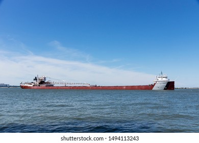 Cleveland, USA August 25, 2019: The Arthur M. Anderson rejoined the active fleet of Great Lakes bulk carriers after being in long term layup since January 15  2017.  Seen here at Cleveland, Ohio