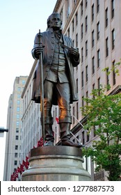 Cleveland, USA - October 21, 2018 - Moses Cleaveland, Statue On Public Square In Downtown Cleveland, Ohio