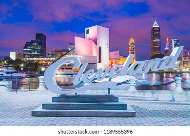 Cleveland,ohio,usa.  08-18-17 : Cleveland Script Sign In Lakefront  At Night.