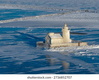Cleveland's Lighthouse Getting A Nice Ice Blast Upon A Frozen Lake Erie