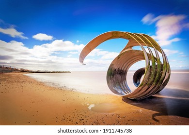 Cleveley's, England, 08 29 2020: Mary's Shell. A Modern Art Installation On The Beach At Cleveleys Shot As The Tide Ebbed And Flowed.