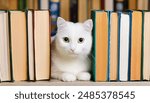 Clever, beautiful white cat between books stacks in library. Domestic scientist kitty. Student pets, whisker in school. Smart animal. Education, science, knowledge