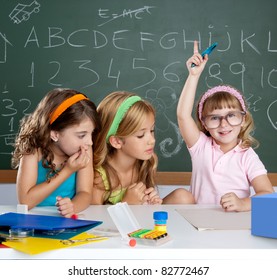 Clever Children Student Girl Raising Hand At School Classroom