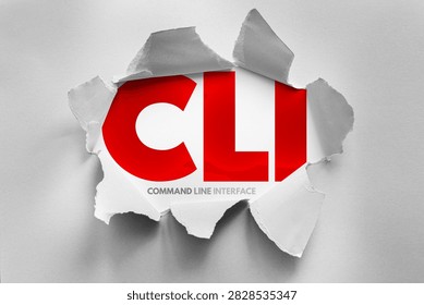 CLI Command Line Interface text shown through torn paper design, technology concept highlighting terminal usage, system control, scripting, developer tools and operating system interaction