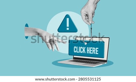 Click Here Phishing Scam Concept with Suspicious Link Hook, Laptop, Warning Symbol and Human Hands, Cybersecurity, Online Fraud, Internet Safety and Digital Threat