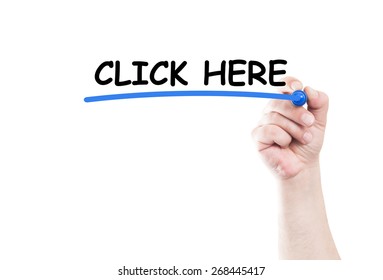 Click here text write on transparent wipe board by hand holding a marker