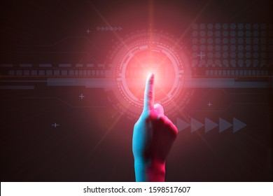 Click on hud technology interface. Internet technology cincept with red flare. Image in modern neon colors.