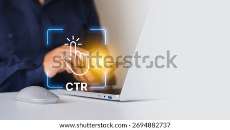 Click Through Rate CTR digital marketing performance analytics concept showing hand clicking icon with glowing light on laptop screen, online advertising optimization, conversion tracking strategy