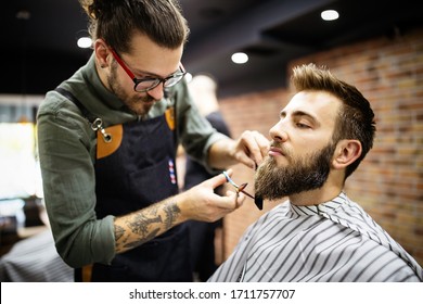 Client During Beard And Moustache Grooming In Barber Shop