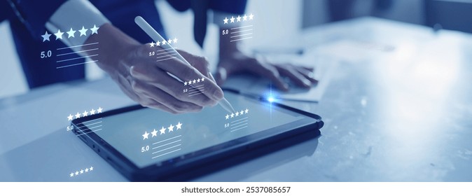 Client feedback, user experience ranking, Customer review 5 stars product and service positive recommend reputation, read and write review