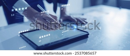 Client feedback, user experience ranking, Customer review 5 stars product and service positive recommend reputation, read and write review