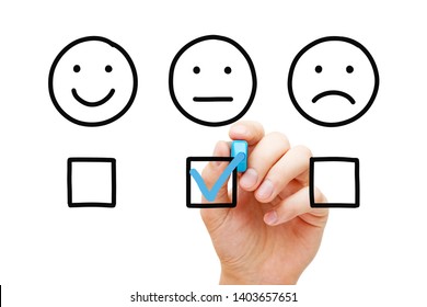 Client Leaving Average Rating With Blue Marker On Customer Feedback Evaluation Form. Drawn Faces Survey Concept.