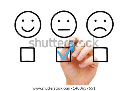 Client leaving average rating with blue marker on customer feedback evaluation form. Drawn faces survey concept.