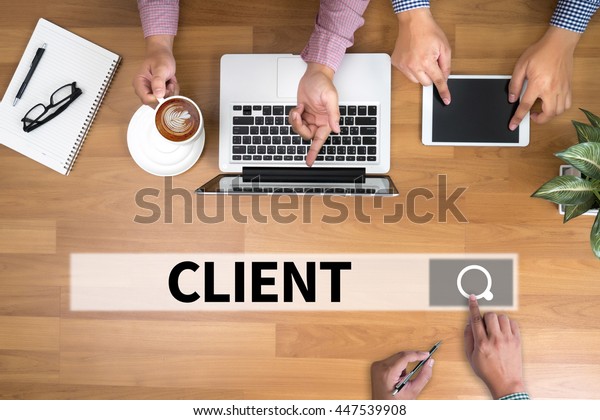 CLIENT man touch bar search and Two Businessman\
working at office desk and using a digital touch screen tablet and\
use computer, top view