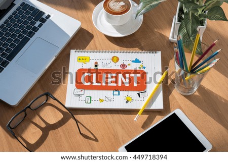 CLIENT open book on table and coffee Business