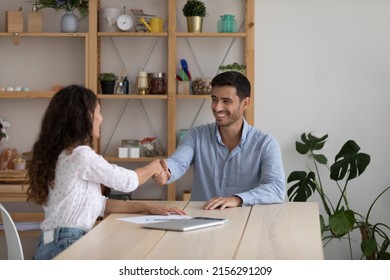 Client Thanking Expert For Consultation With Handshake After Meeting. Employer Hiring Candidate After Interview, Welcoming To Team, Shaking Hand. Professional Getting Job