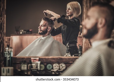 Client Visiting Hairstylist In Barber Shop