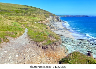 Cliff Coastal Hiking Path Through Moorlands In South West England, Cornwall, UK .