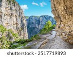 Cliff hanging trail above Vikos Gorge close to monastery of Agia Paraskevi. Monodendri, Epirus, Greece