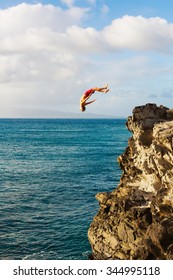 Cliff Jumping Into The Ocean At Sunset, Summer Fun Lifestyle