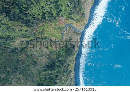 Similar – Image, Stock Photo zenithal aerial view of a beach in summer with bathers, water skates and thatched beach umbrellas for rent, handicapped access ramp and lookout tower seen from above, drone view