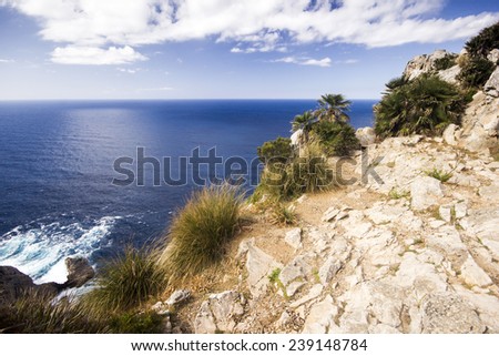 The cliff overlooking the Mediterranean Sea on Cap de Formentor on Balearic Island Majorca Foto stock © 