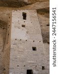 Cliff Palace at Mesa Verde National Park in Colorado protects Ancestral Puebloan sites including famous cliff dwellings. A large square tower is to the right and almost reaches the cave "roof".