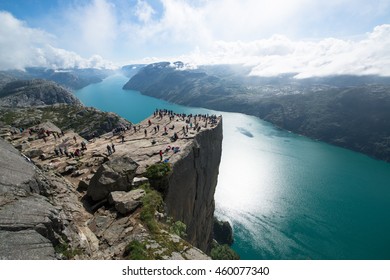 Cliff Preikestolen in fjord Lysefjord - Norway - nature and travel background - Shutterstock ID 460077340