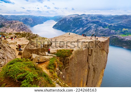 Cliff Preikestolen in fjord Lysefjord - Norway - nature and travel background
