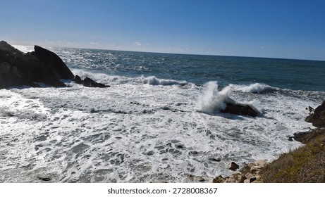 Cliffs of Lighthouse Penedo da Saudade in Saint Pedro de Moel at the west coast of Portugal (Farol do Penedo da Saudade)