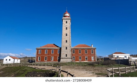 Cliffs of Lighthouse Penedo da Saudade in Saint Pedro de Moel at the west coast of Portugal (Farol do Penedo da Saudade)