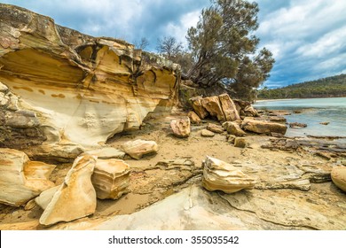 Cliffs Of Lime Bay Beach Camping Inside The Lime Bay State Reserve, Located At The Northern End Of The Tasman Peninsula To The West Of Whitehouse Point. Tasmania, Australia.