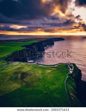 Cliffs of Maher Ireland drone view sunset