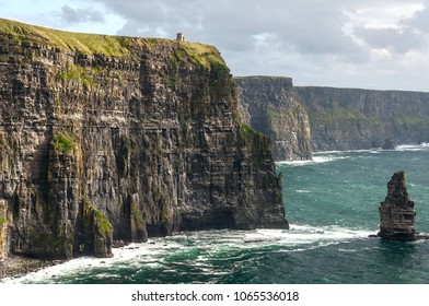 Cliffs Of Moher In County Clare, Ireland. Beautiful Scenic Irish Nature Countryside Landscape Along The Wild Atlantic Way Unesco Global Geopark. European Atlantic Geotourism Route