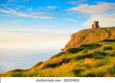  Cliffs Of Moher - O Briens Tower Castle At Sunset  In Co. Clare Ireland Europe.