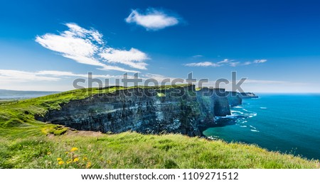 The Cliffs of Moher are sea cliffs located at the southwestern edge of the Burren region in County Clare, Ireland. Lenght is about 14 kilometres.