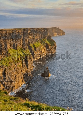 The Cliffs of Moher are sea cliffs located at the southwestern edge of the Burren region in County Clare, Ireland. They run for about 14 kilometres. World UNESCO Heritage Site
