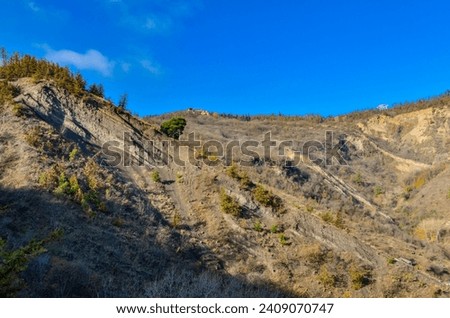 cliffs and pine trees on Mtatsminda mountain scenic view from Narikala trail (Tbilisi, Georgia)