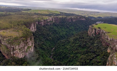 Cliffs and valley aerial view with grass and trees 