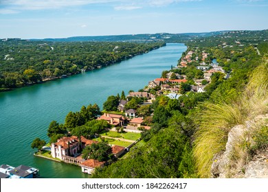 Cliffside Views Over The West Lake Landscape From Mount Bonnell Views Of Colorful Rooftops And Mansions In Nature In Austin , Texas , USA