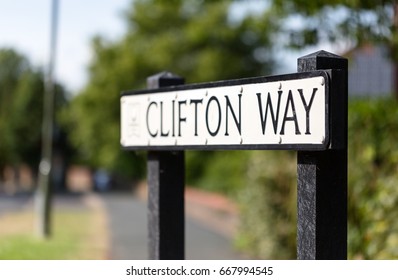 Clifton Way, Street Name Sign In Woking, Surrey, England. Low Angle Close Up Crop