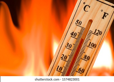 Climate change concept, thermometer on flames background