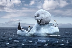 Climate Change. Garbage Patch. The Bear Cries Closing Its Face With Its Paws. Polar Bear, Penguins And Fur Seal Sits On A Melting Glacier In The Middle Of The Ocean. Ecological Catastrophy